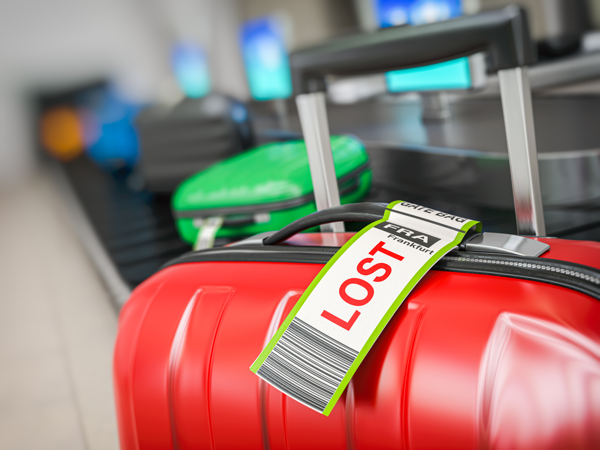 Op de voorgrond staat een koffer met een bagagelabel waarop staat "LOST", op de achtergrond rijden nog meer koffers op een bagageband.