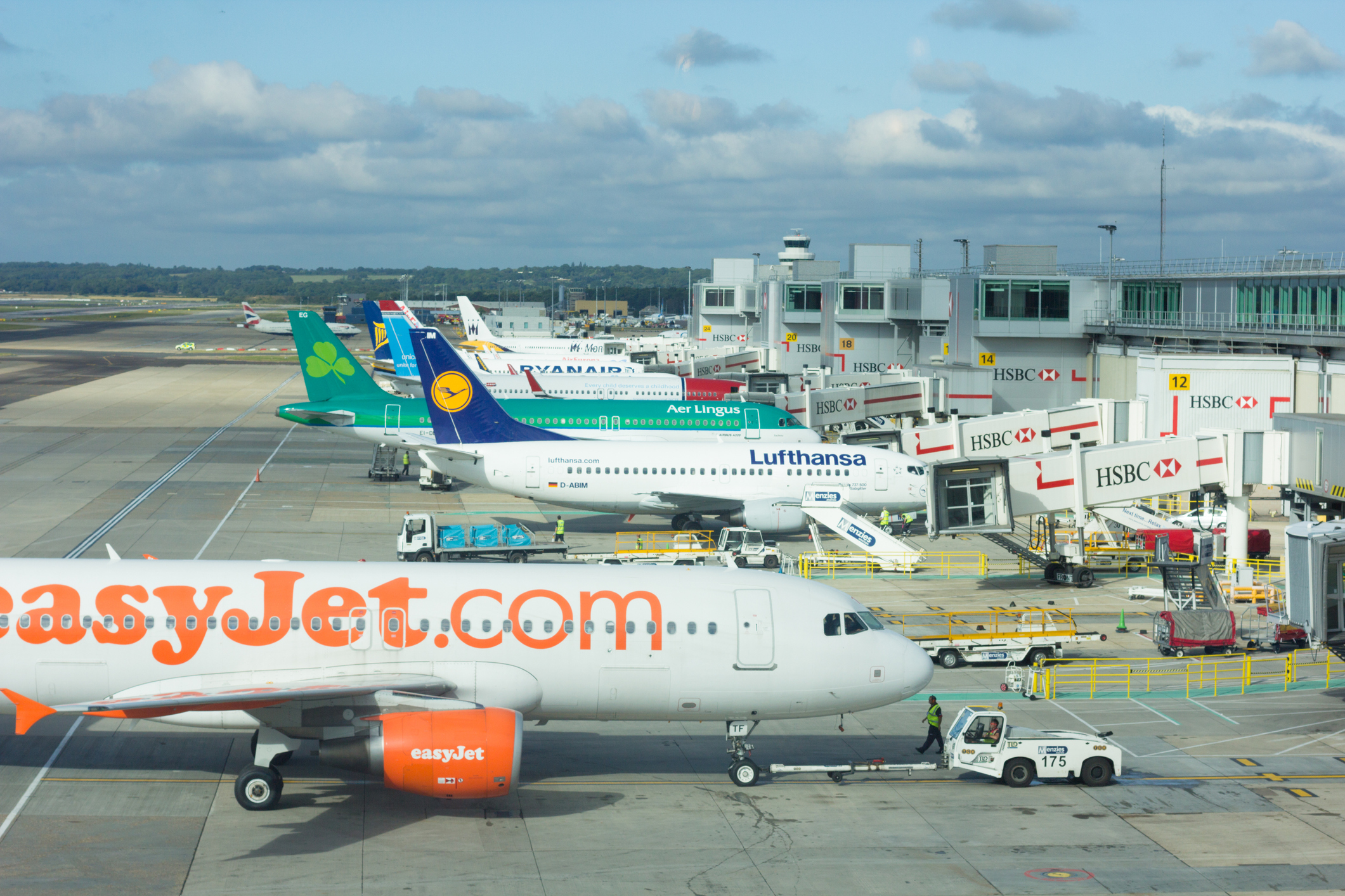 Verschillende vliegtuigen van verschillende luchtvaartmaatschappijen staan achter elkaar opgesteld bij hun respectievelijke gates.