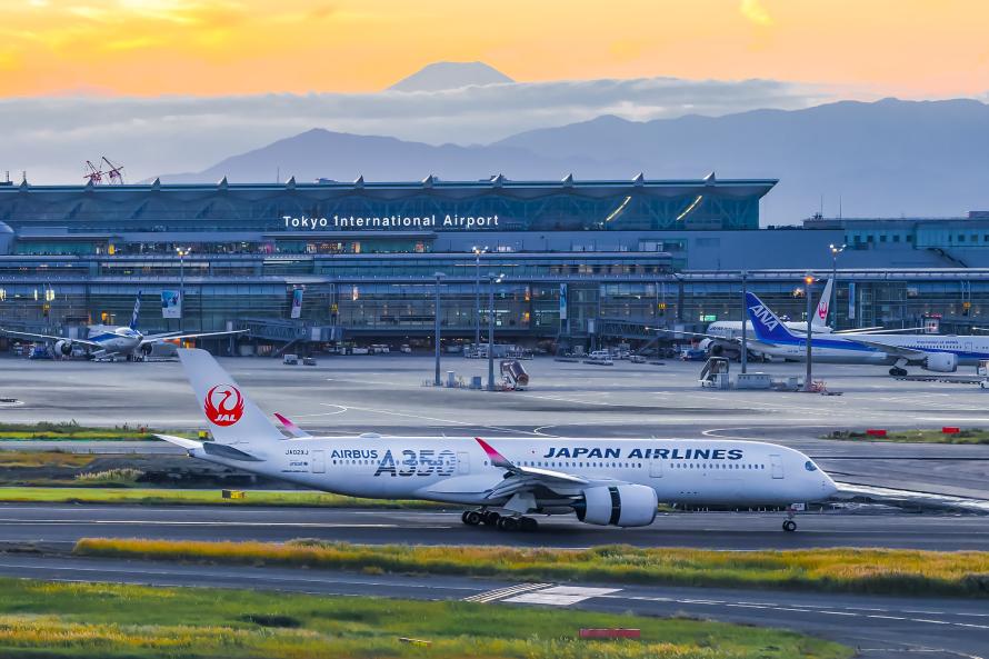 Een terminal van Tokio Haneda met bergen op de achtergrond.