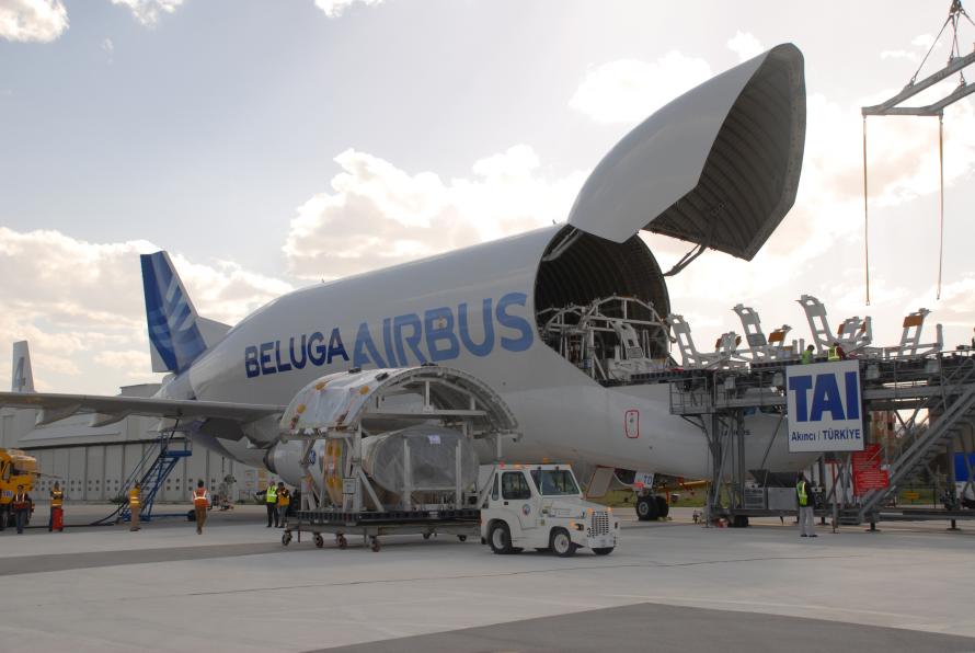 Een Airbus Beluga wordt geladen.